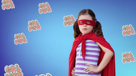 animation of girl in superhero costume over multiple girl power text on blue