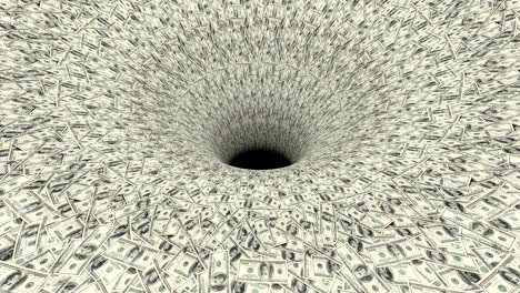 black hole absorbing endless dollar flow. financial crisis concept. 4k, part 1