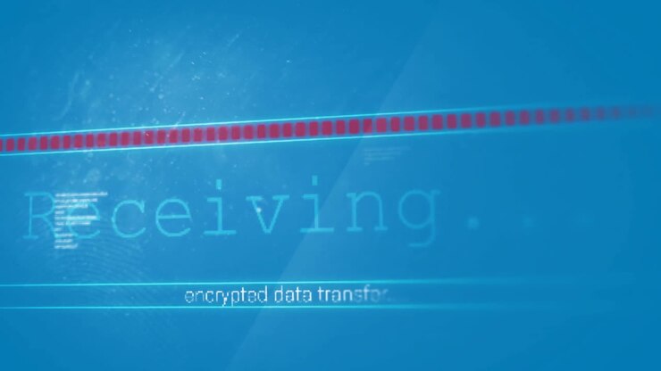 Animation of text and digital data processing over screen on blue background