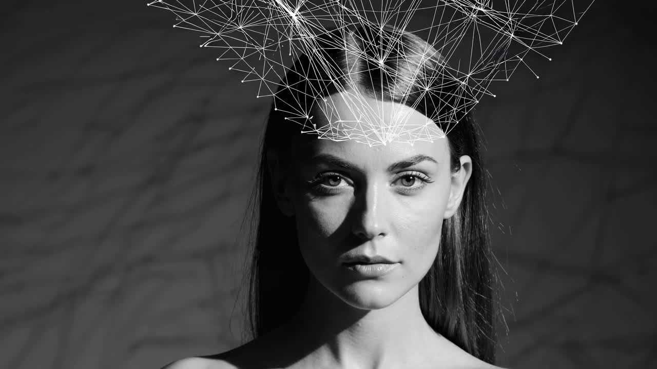 Network connection visualized as a complex web of lines and dots hovering above a woman's head, symbolizing thoughts, ideas, or digital connectivity