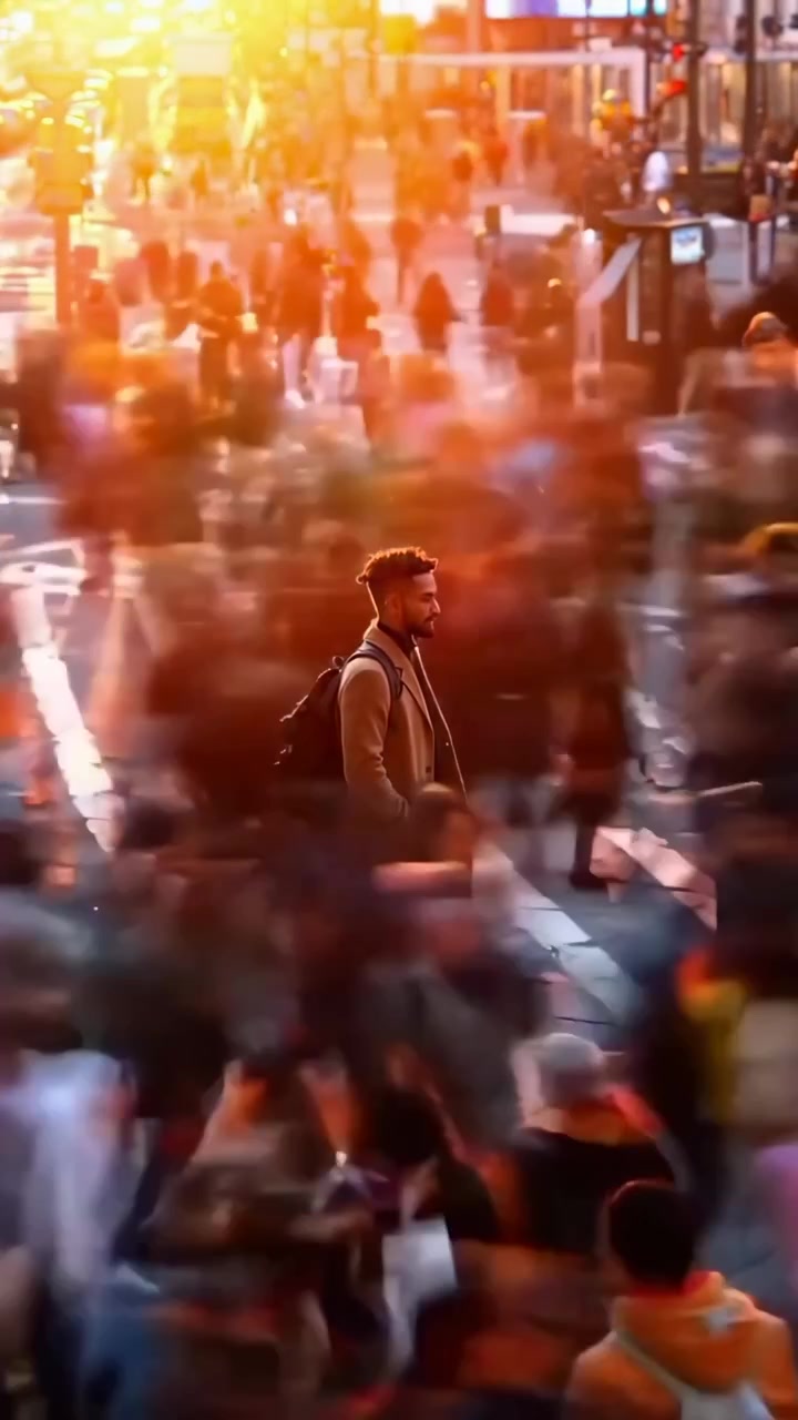 Time-Lapse of Man Standing in a Crowded Urban Street at Golden Hour