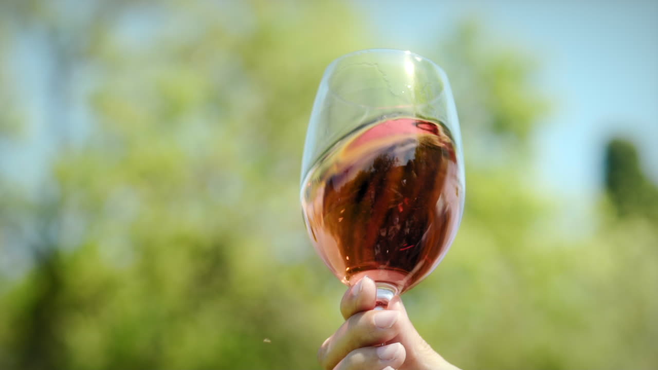 Ros&eacute; Glass Wine Tasting in a Sunny Day in Slow Motion