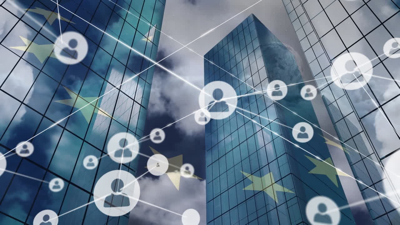 Animazione di una rete di icone profilo su bandiera dell'UE sventolante sullo sfondo di una vista dal basso di un edificio alto.
