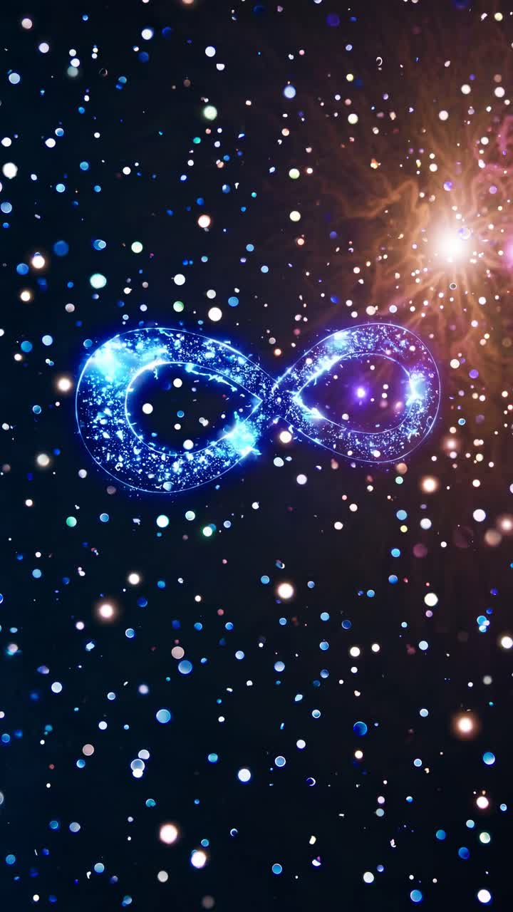 A cosmic infinity symbol glows amidst a starry background. Captured from a low angle, the video