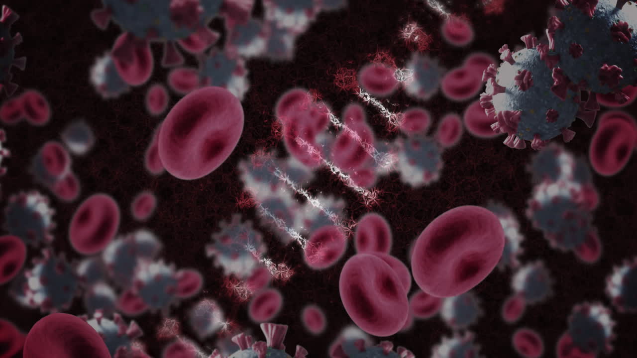la estructura del adn, los vasos sanguíneos y las células de covid-19 se mueven contra un fondo negro