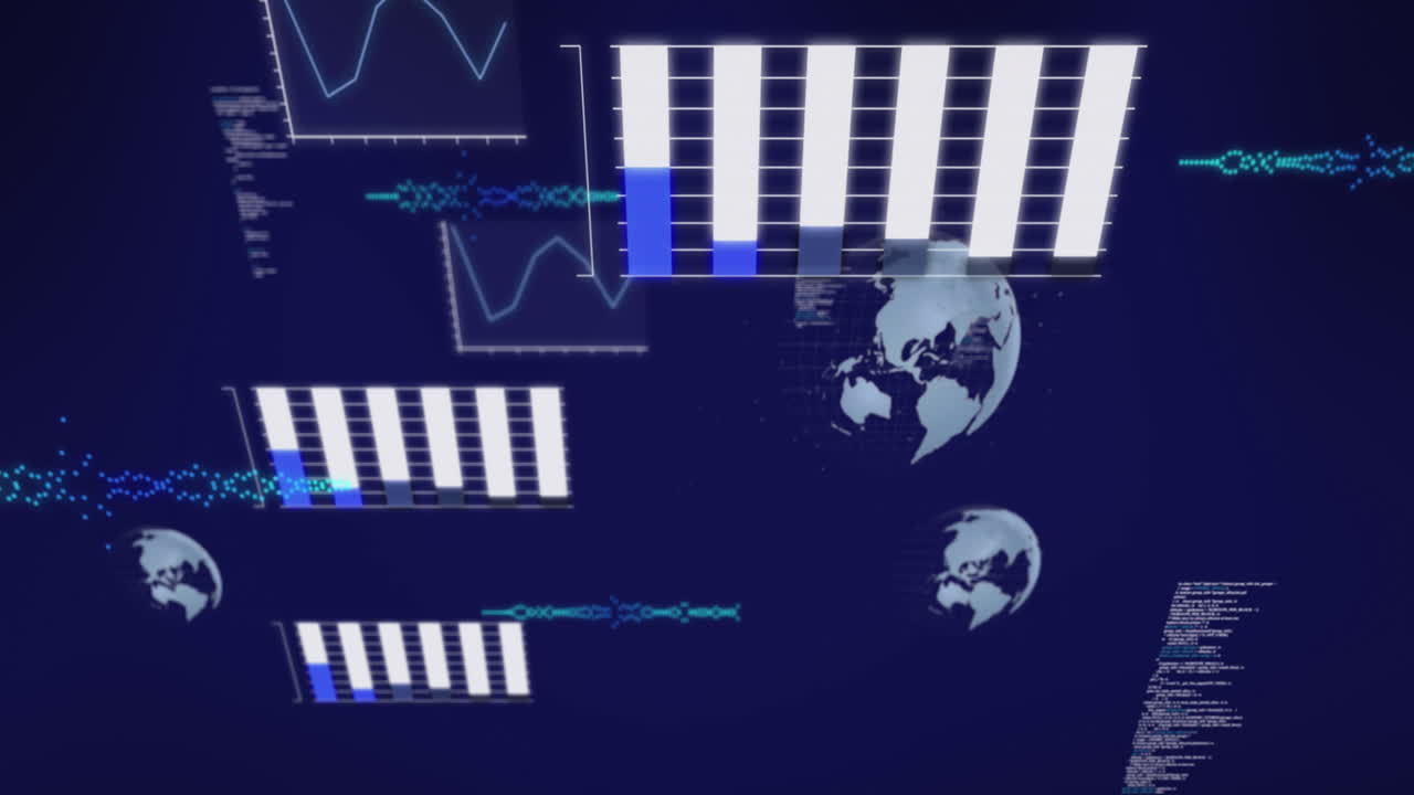Animation of globes, multiple graphs, soundwave and computer language against abstract background