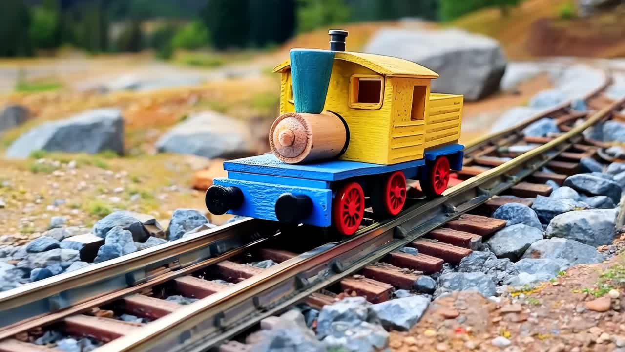 A toy train is on a track with a yellow and blue caboose. The train is made of wood and has a whistle on top. Scene is playful and nostalgic, as it evokes memories of childhood and simpler times
