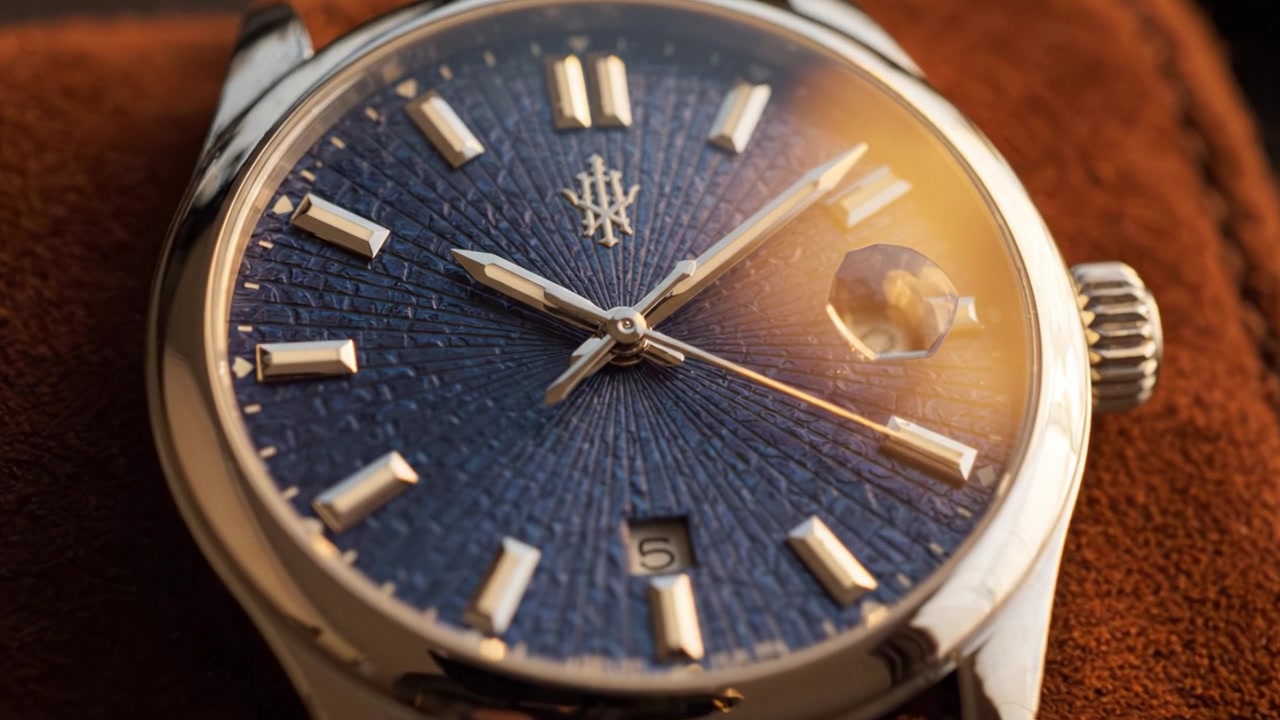 Primo piano squisito di un orologio di lusso con un quadrante blu intenso ed elementi di design sofisticati su una superficie marrone morbida.
