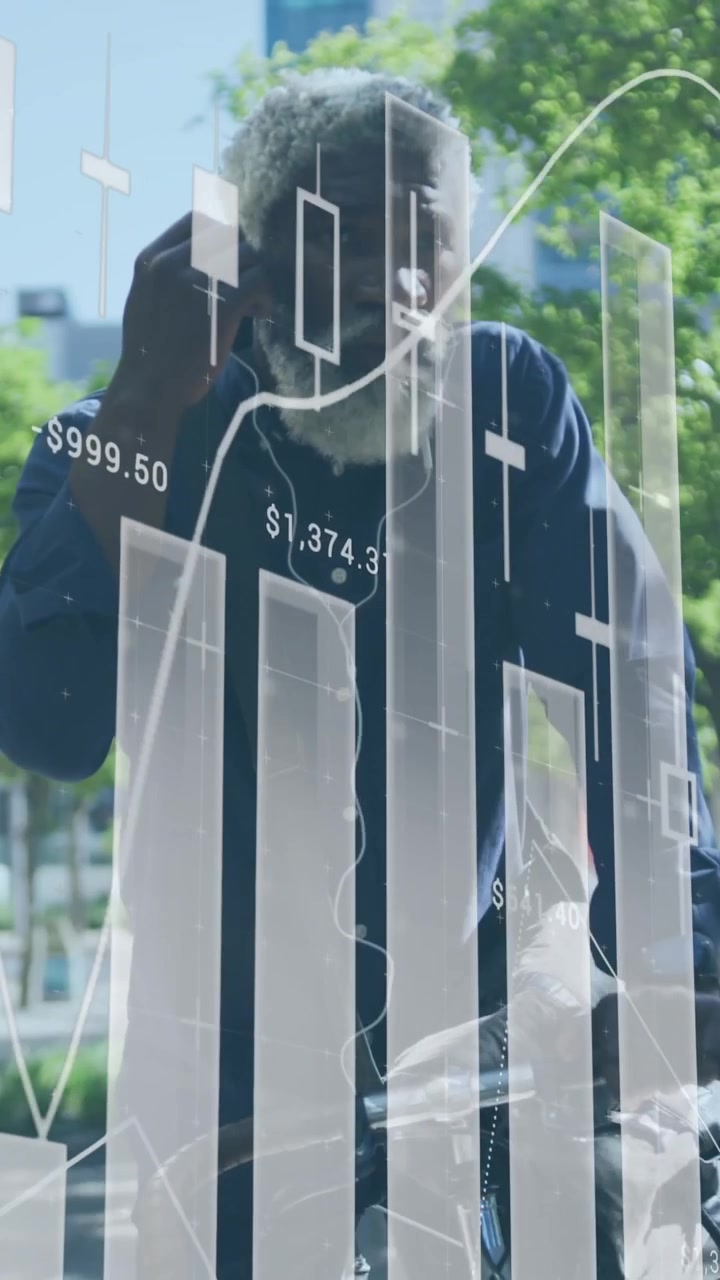 Animation of financial data processing over african american man wearing earphones