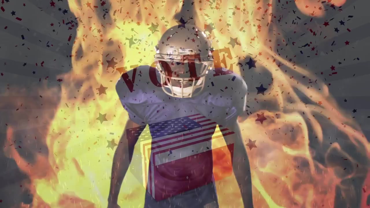 Animation of waving usa flag and falling confetti over american football player