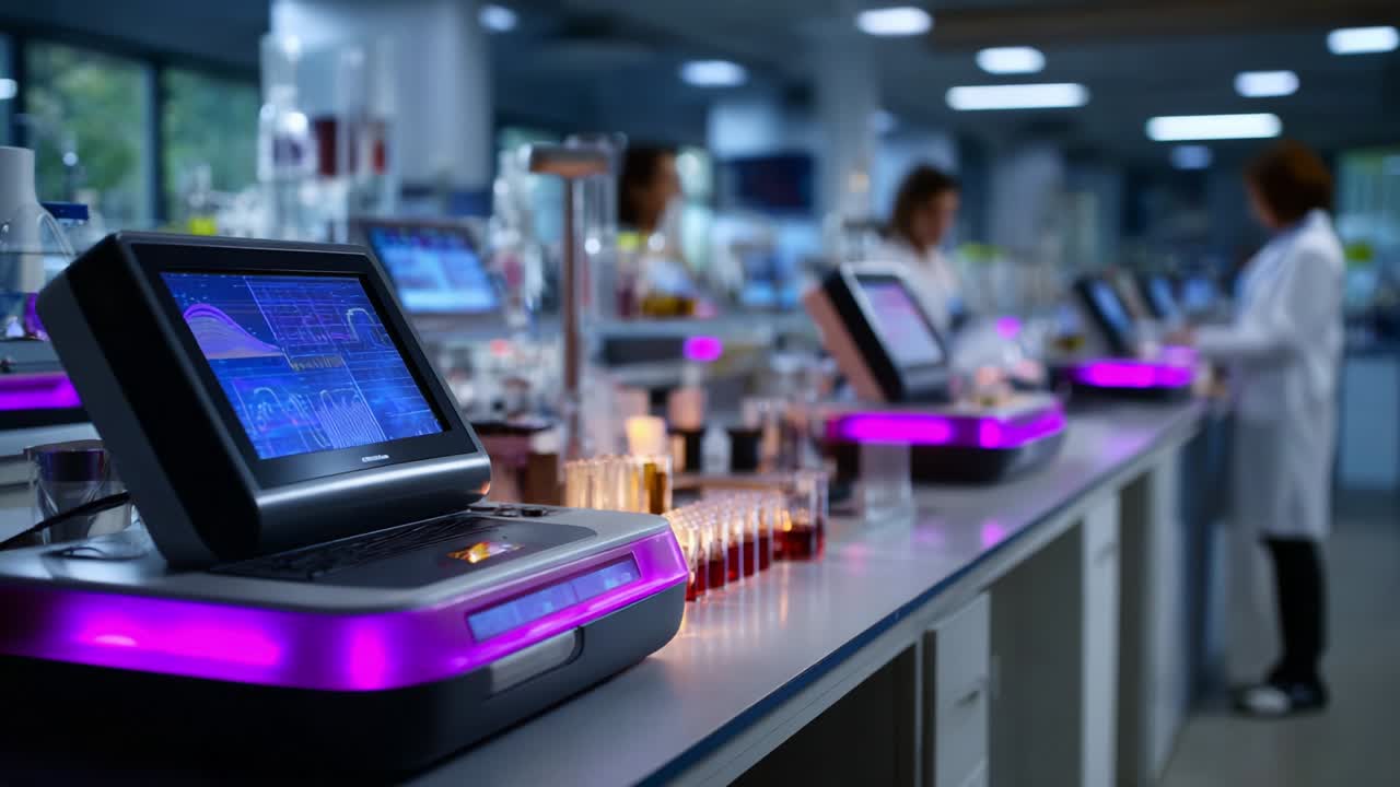 High-Tech Laboratory Scene Showcasing Advanced Scientific Equipment with Colorful Liquid Samples and Researchers Engaged in Cutting-Edge Experiments in a Modern Research Setting, Highlighting Innovation and Technology
