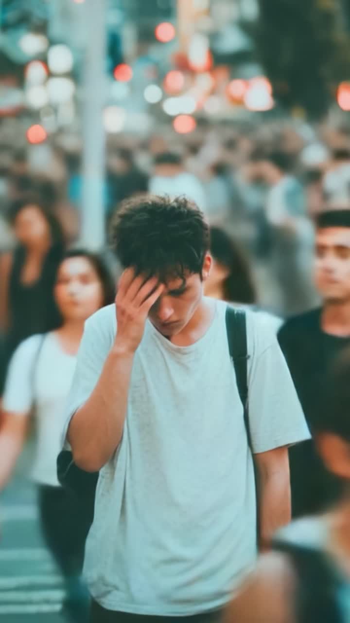 A Journey Through the Urban Crowd: A Young Man's Emotional Transformation in the Heart of the City Captured in Two Distinct Frames