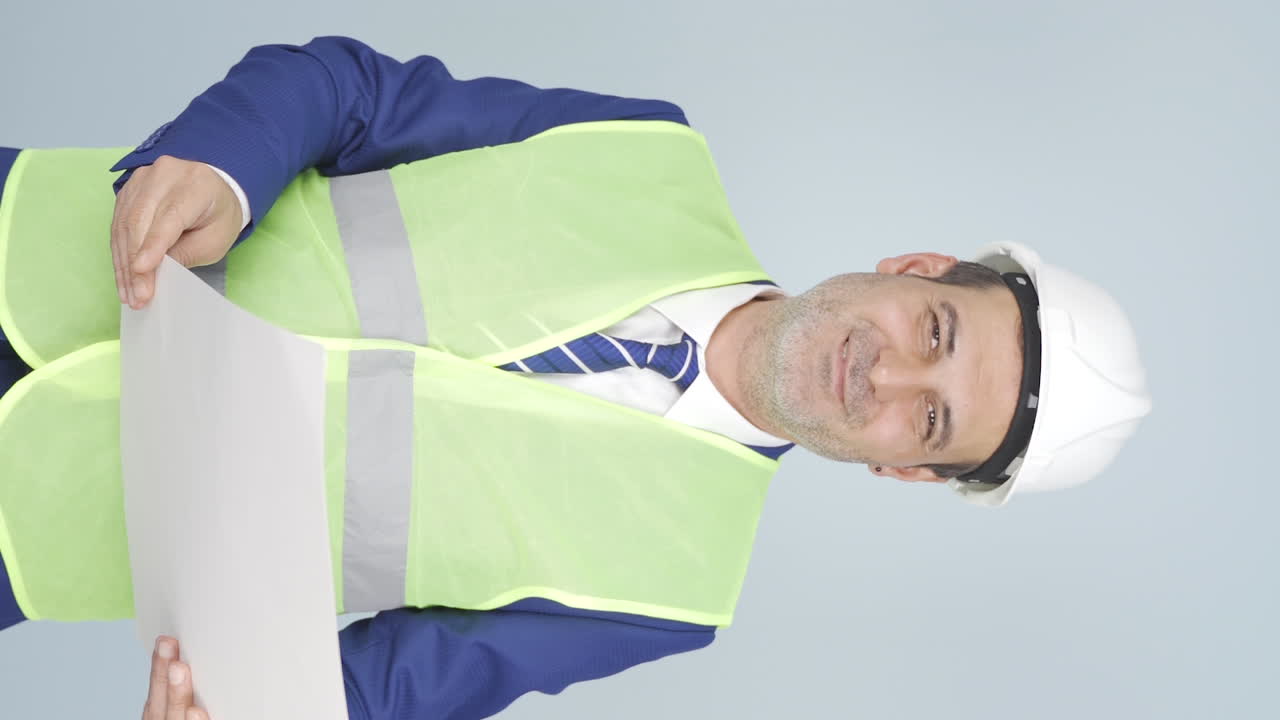 튼튼한 모자를 입고 웃는 엔지니어의 수직 비디오.