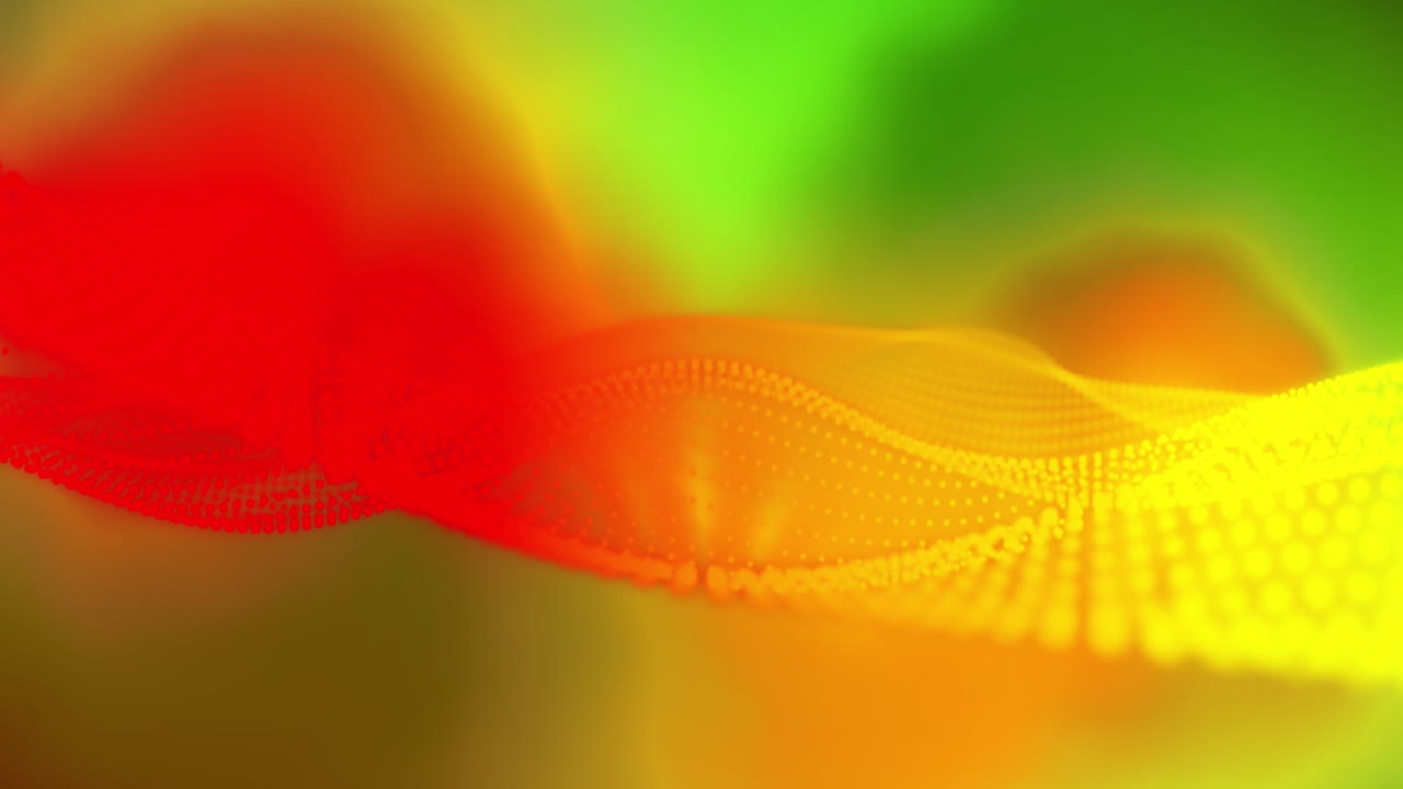 Yellow and red particle network wave over glowing yellow and green background
