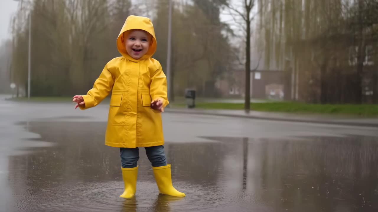 Joyful Toddler in Yellow Raincoat Splashing in Puddles