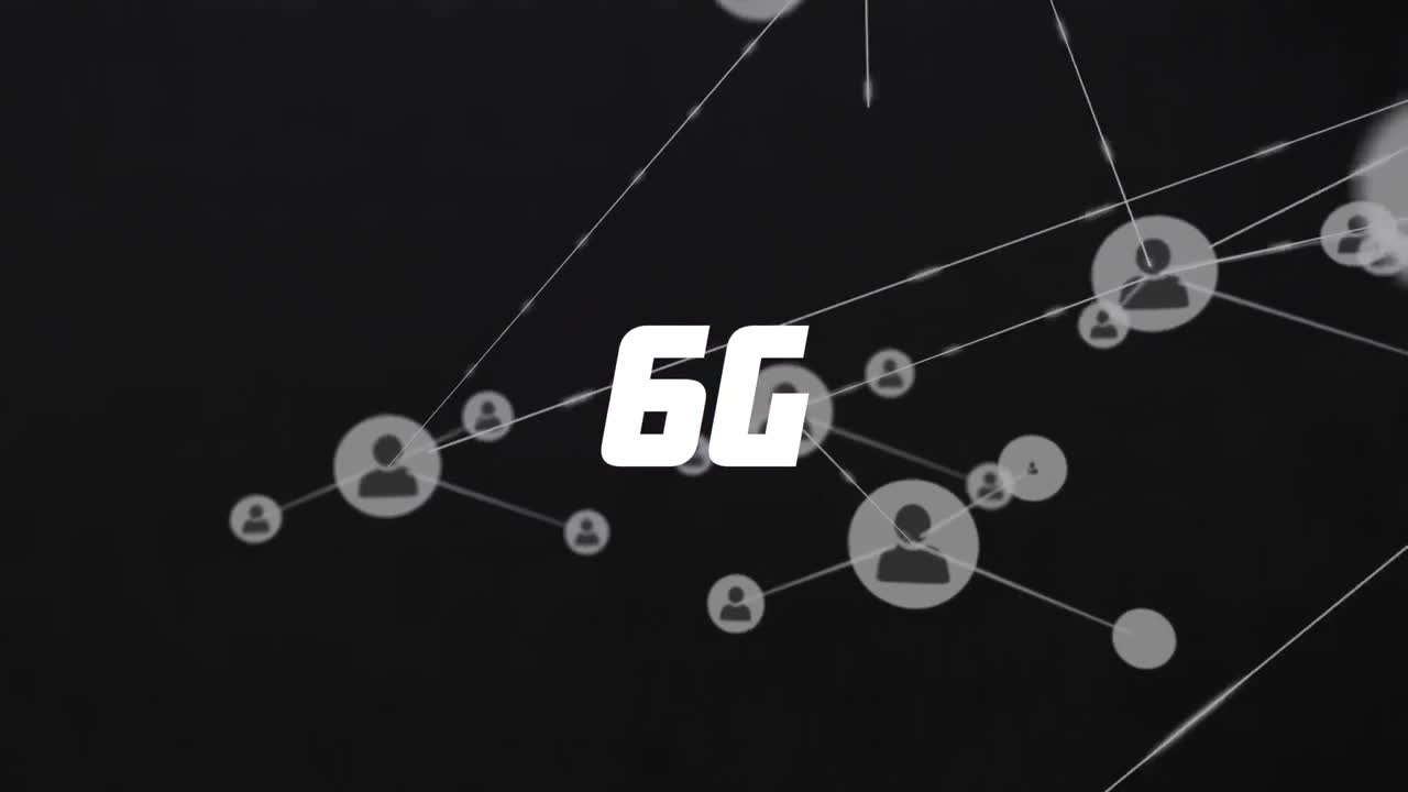 animación de la red de conexiones con iconos y texto 6g, procesamiento de datos.