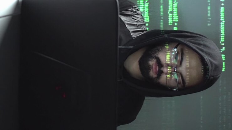 Vertikal motion graphics af kode, der ruller forbi ansigtet på en hacker med bærbar computer