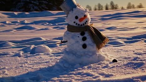 cute snowman in the snow at sunset