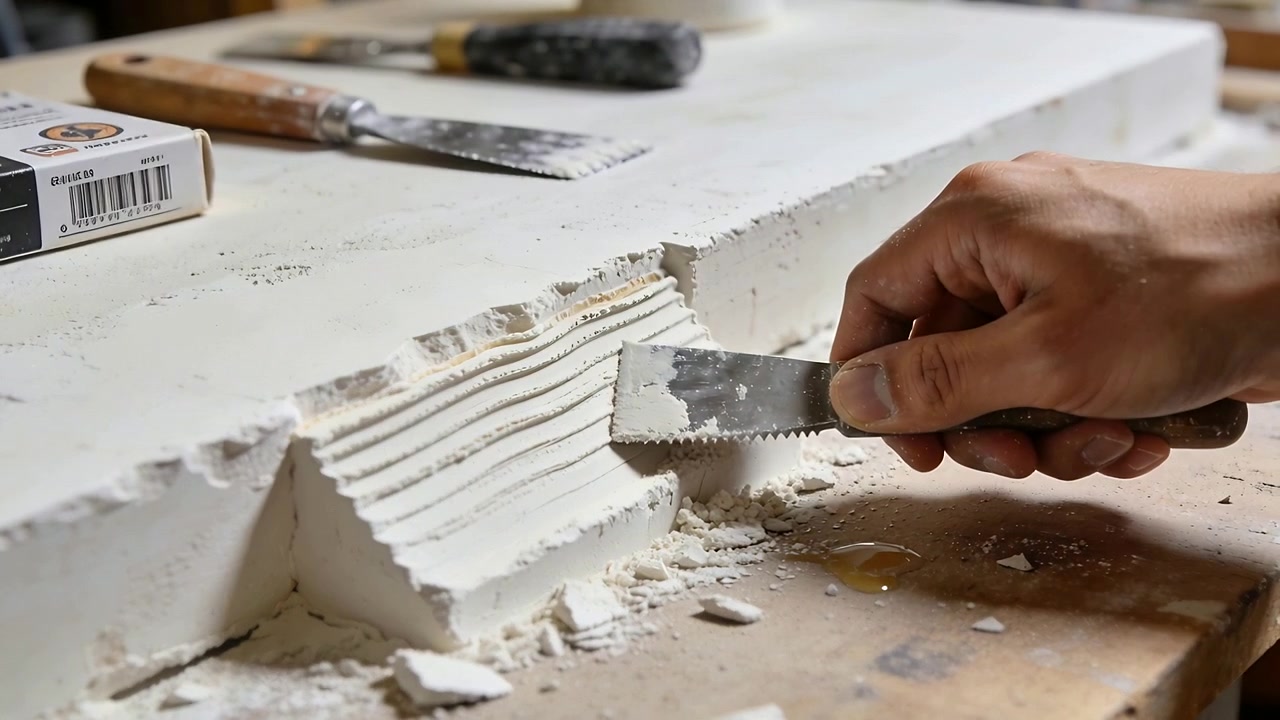Scraping right hand starting at precut notch, pressing serrated blade across bench, shaping plaster