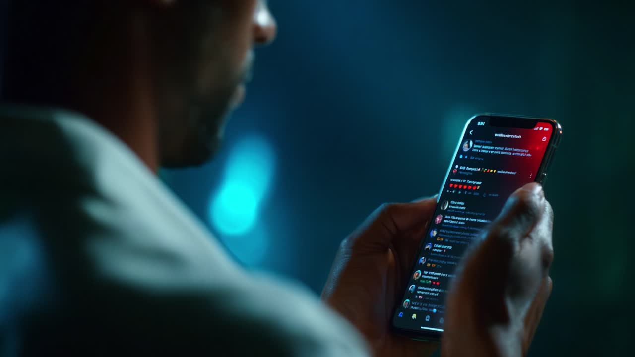 A Person Engaged in Digital Communication with a Smartphone in a Dimly Lit Environment, Reviewing Notifications and Messages with a Focused Expression on Their Face
