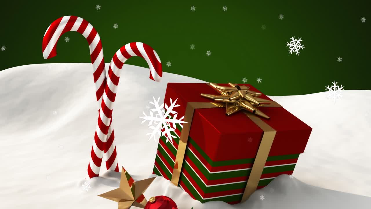 animación digital de copos de nieve que se mueven sobre la caña de caramelo de navidad