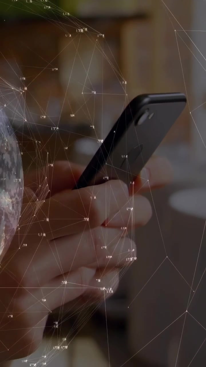 Vertical video: Male hand tapping phone in cafe, starting overlay tracking phone for analytics
