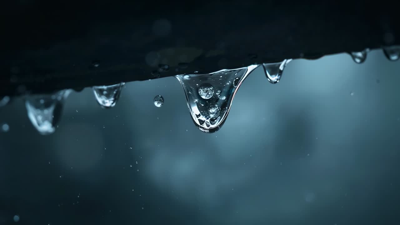 Coalescing water droplet beneath dark ledge, gravity stretching teardrop shape before detaching