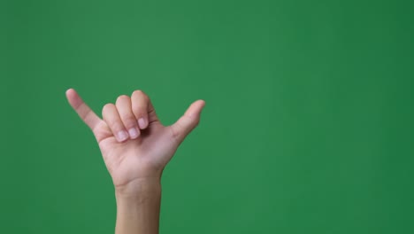 hand in shaka or calling gesture over green background