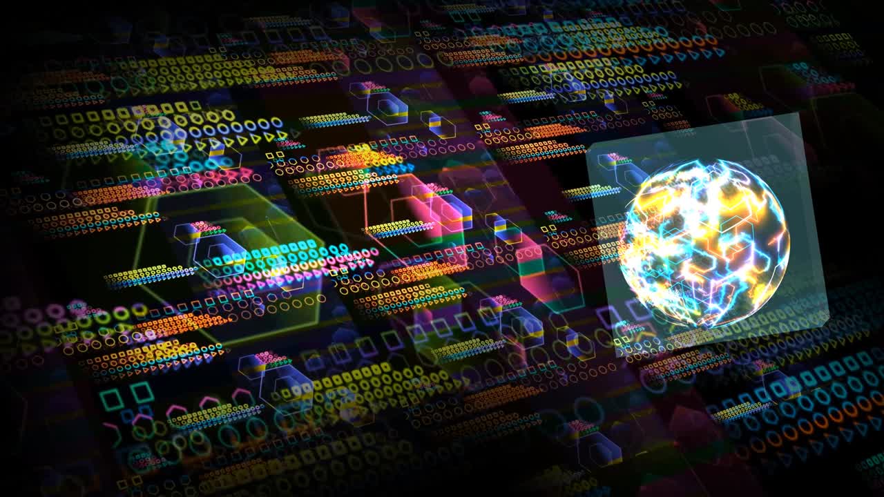 Quantum computer in the cube futuristic technology digital layer dimension holographic process and analysis for big data and abstract polygon background