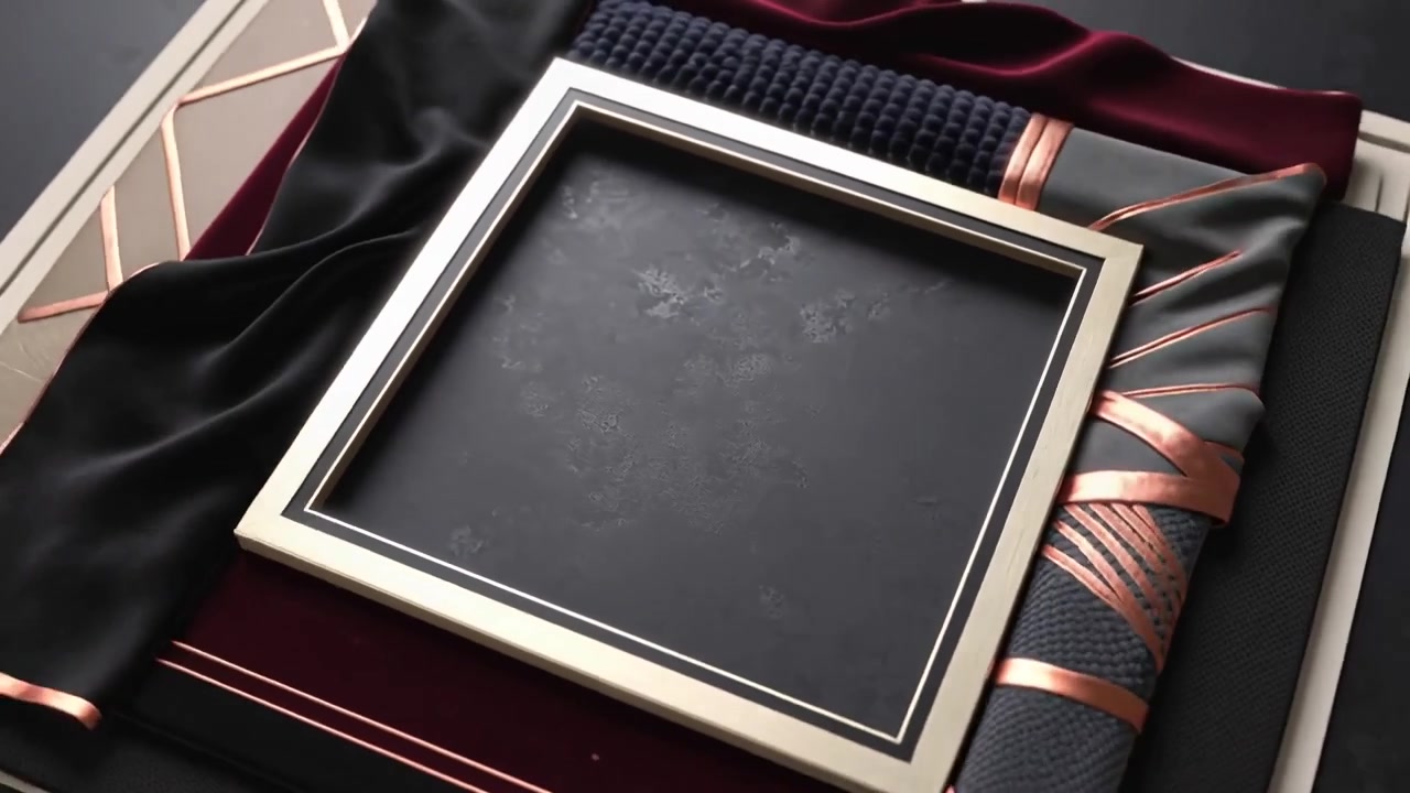Moving camera revealing square metallic frame on tabletop with burgundy velvet and copper ribbon