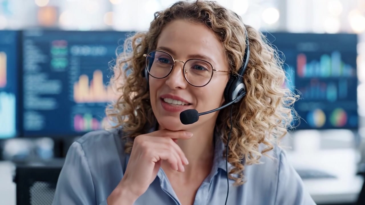 Specialista del Supporto Clienti Coinvolgente che Fornisce Assistenza Eccezionale con un Sorriso Amichevole Mentre Analizza Dati su uno Schermo di Computer Moderno