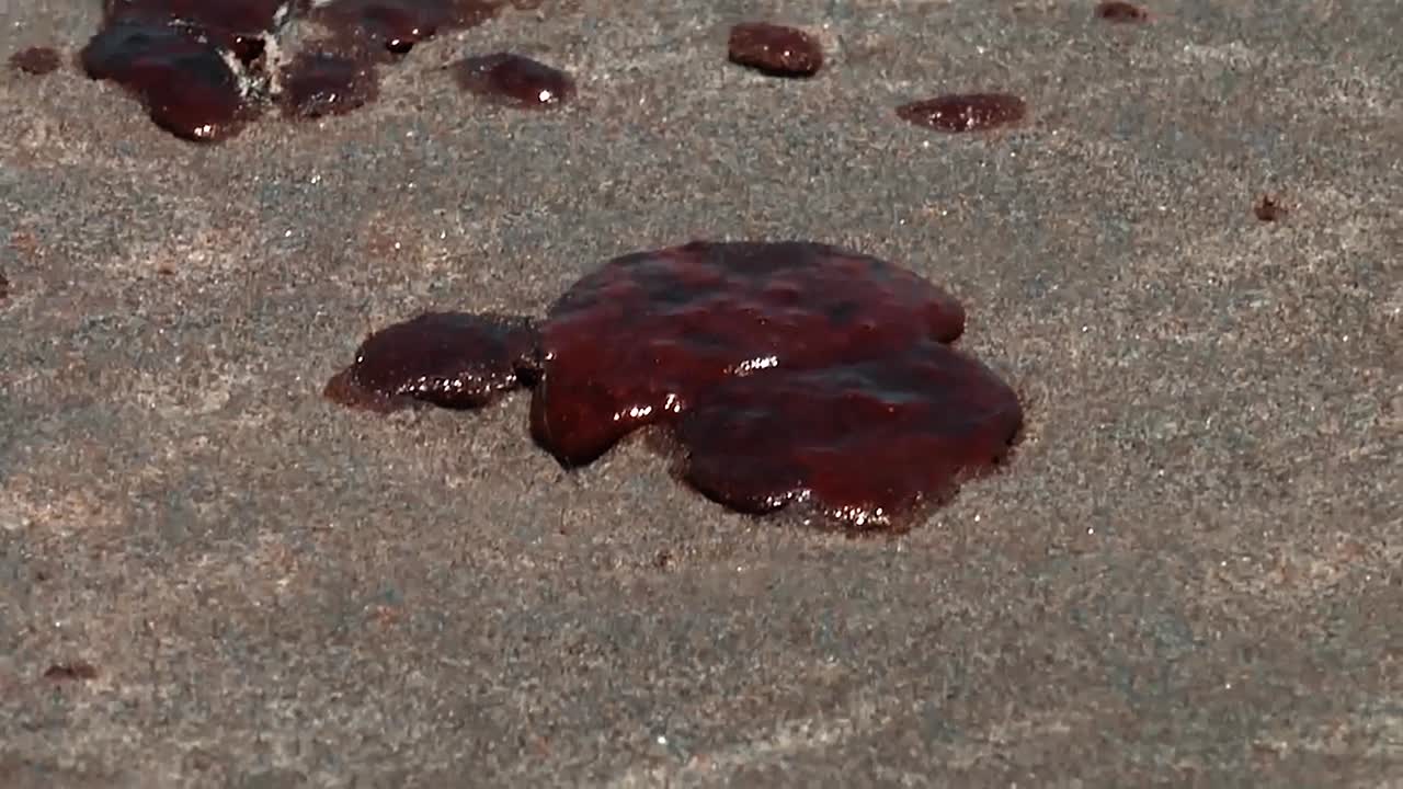 심해 지평선 bp/걸프 기름 유출에서 남쪽으로 지나가는 미시시피 강 해변의 짙은 타르 공