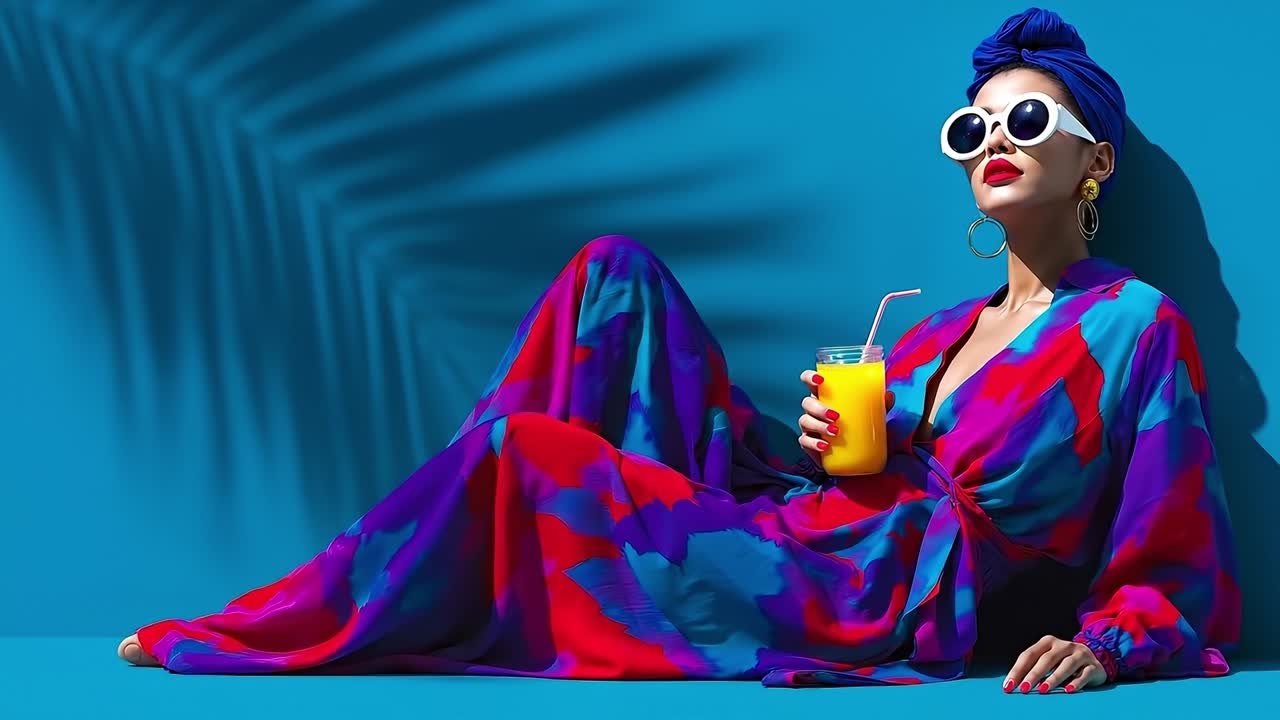 A woman in a colorful dress and sunglasses holding a glass of orange juice