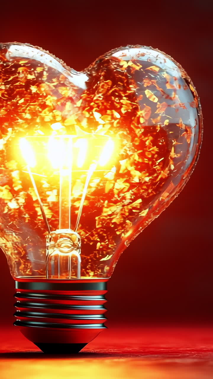 Heart-shaped light bulb glowing brightly. A heart-shaped light bulb illuminates a dark background, creating a warm and inviting atmosphere.