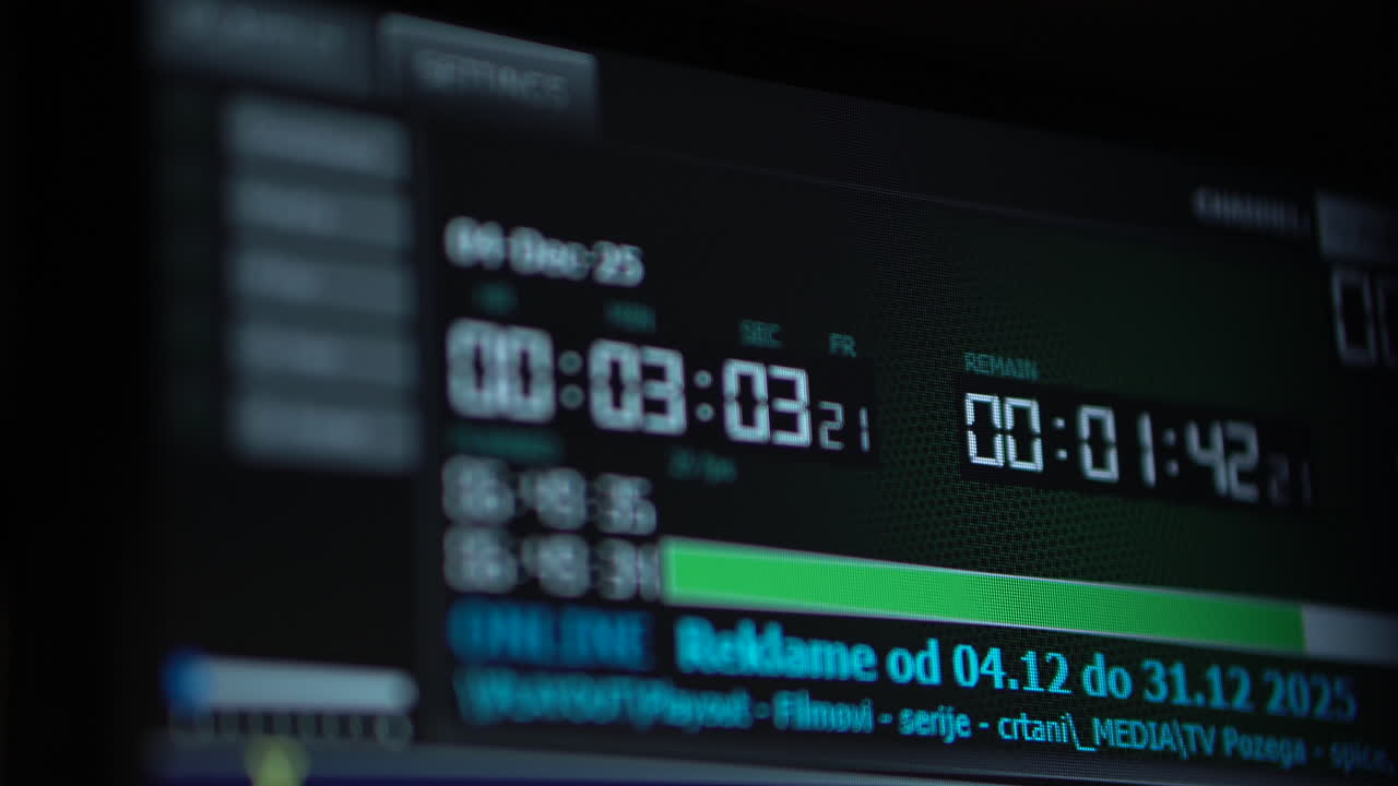 TV Broadcasting Software on Computer Screen, Playing Commercials, Modern Television Station Close Up