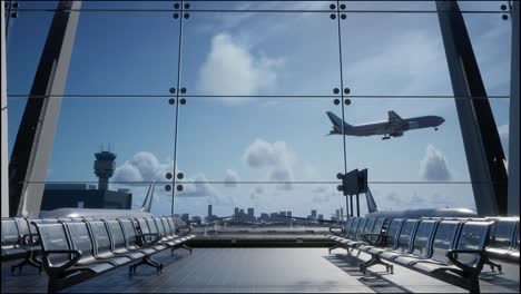 empty airport terminal with airplane in the sky