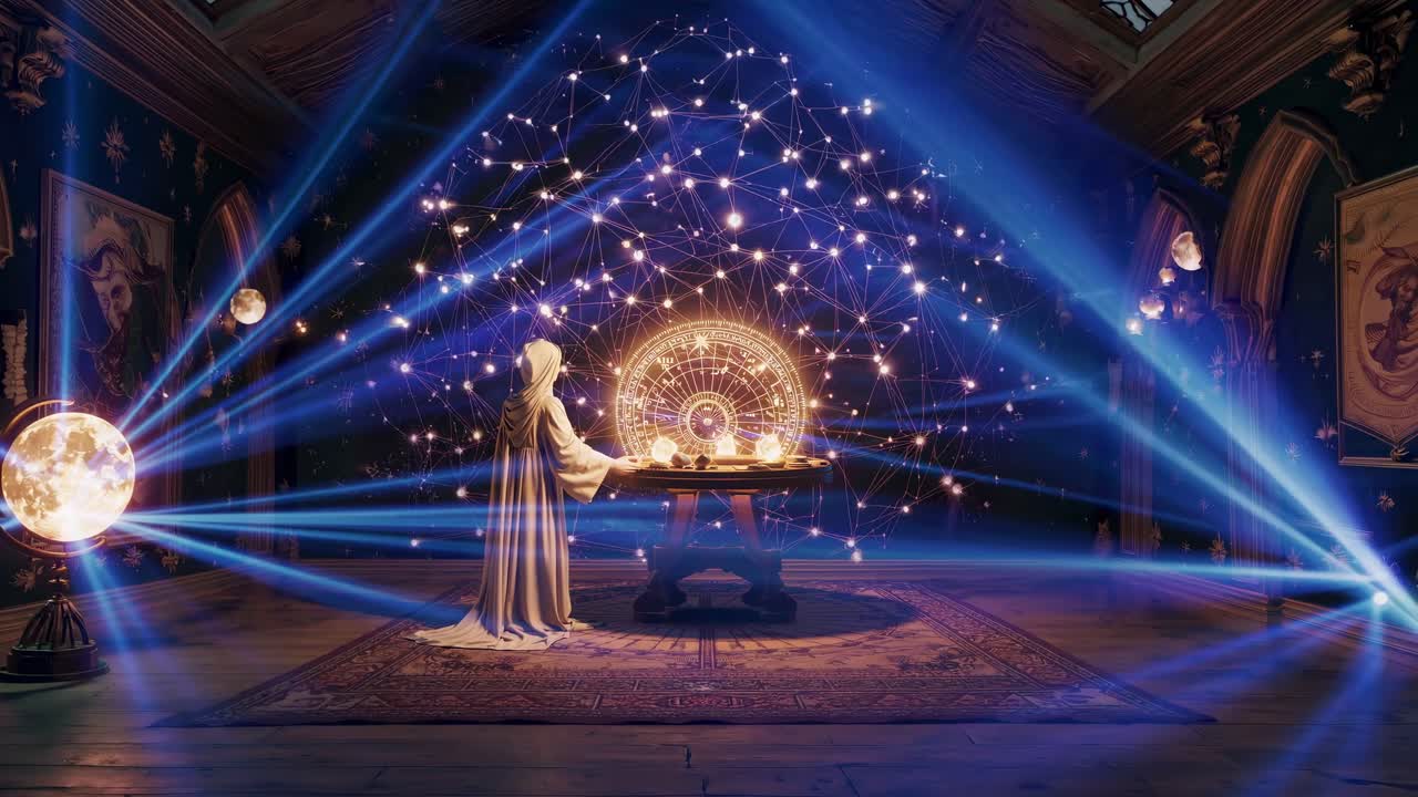 A mystical room with celestial lights and glowing orbs, captured from a low angle