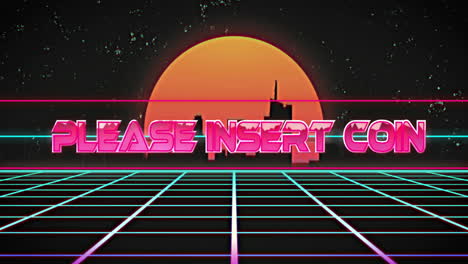 animation of please insert coin text over digital city and sun on black background