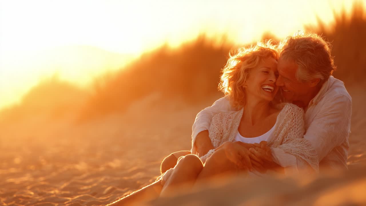 A Joyful Moment of Love and Connection: A Couple Embracing Each Other on a Serene Beach at Sunset, Filled with Laughter and Happiness