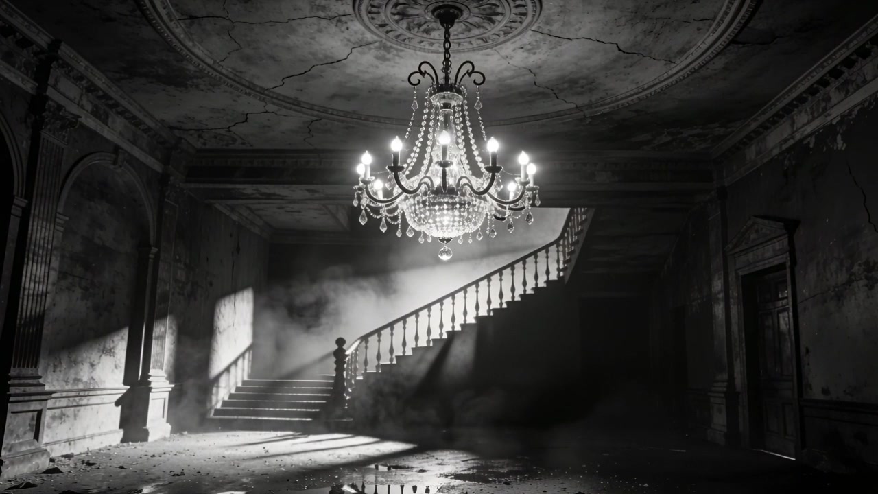 Strahlendes Hochfenster, schwingender Kronleuchter und geschwungene Treppe, Staub tanzt durch das Foyer.