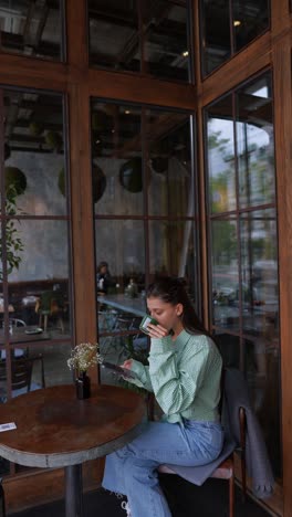 woman drinking coffee in a modern cafe