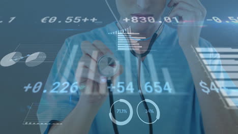 animation of data processing and diagrams over caucasian female doctor using stethoscope