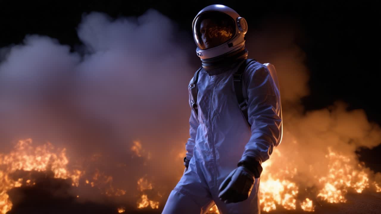 Un astronauta sta resiliente in mezzo a un caos infuocato, simboleggiando il coraggio umano e l'esplorazione di fronte alle avversità e ad ambienti incerti.