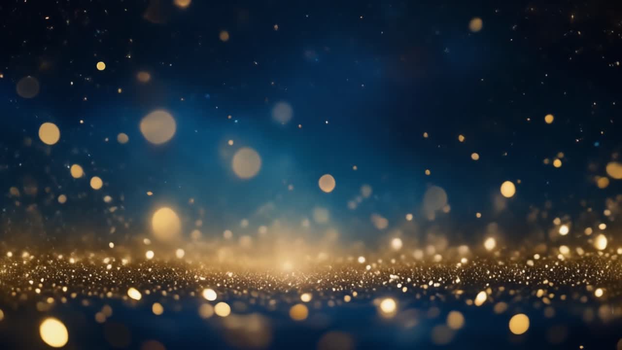Particelle glitter dorate scintillanti su sfondo blu scuro.