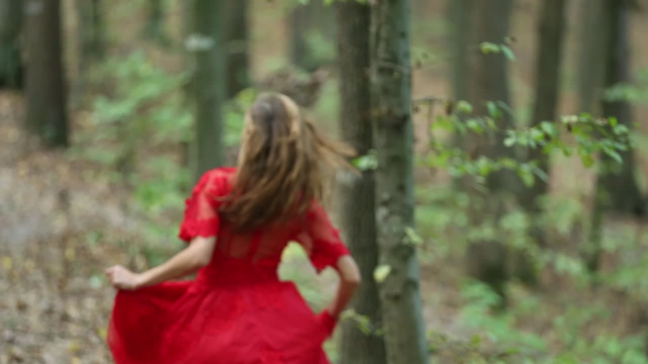 Woman In Red Dress Running Away In Forest. Woman in red lomg dress running away in forest