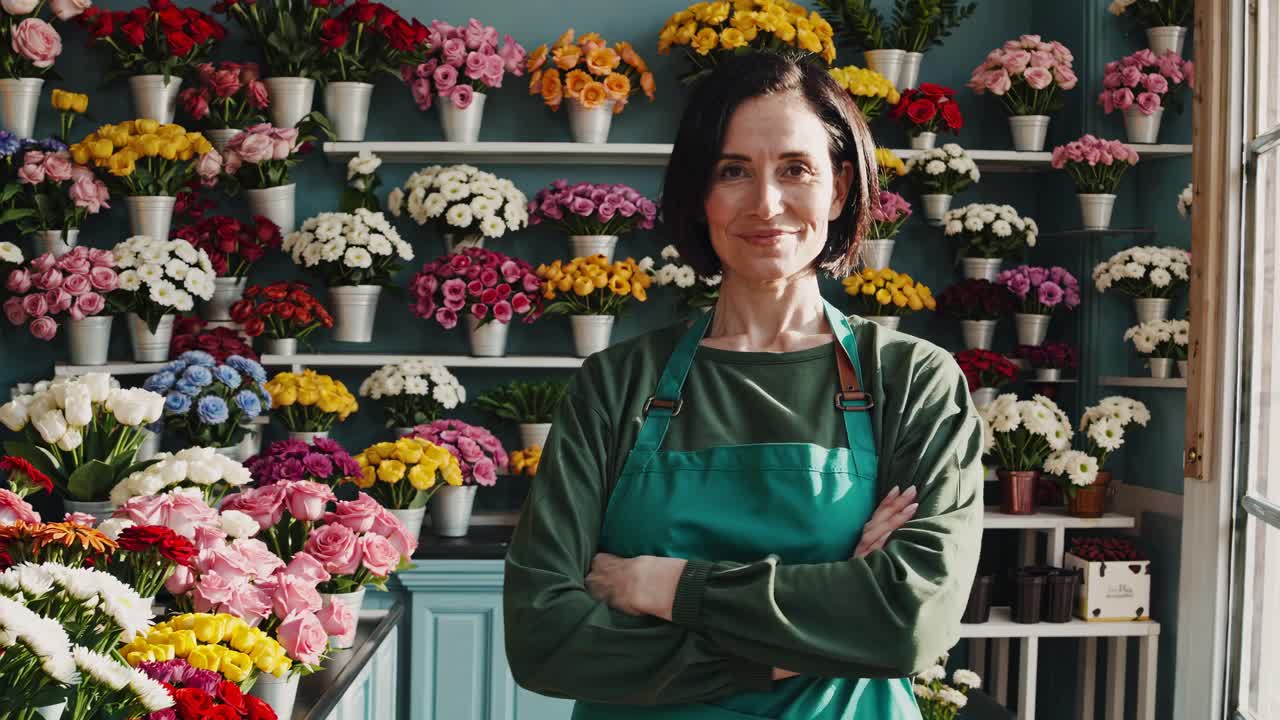 Un fioraio sicuro di sé è ritratto in un vivace negozio di fiori, con un'inquadratura frontale.
