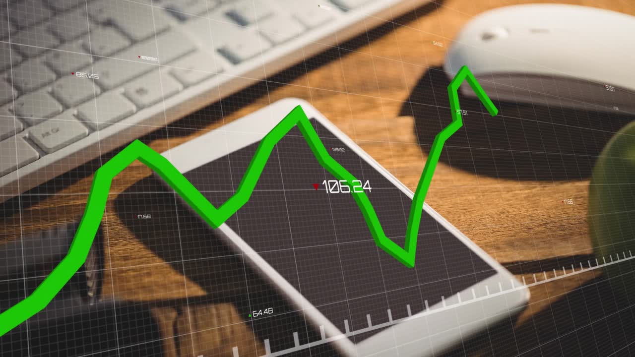 Grid overlay appearing on desk starting line graph rising, dipping across phone for trend tracking