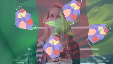 animación de iconos de máscaras faciales y bandera de camerún sobre una mujer caucásica con máscara facial