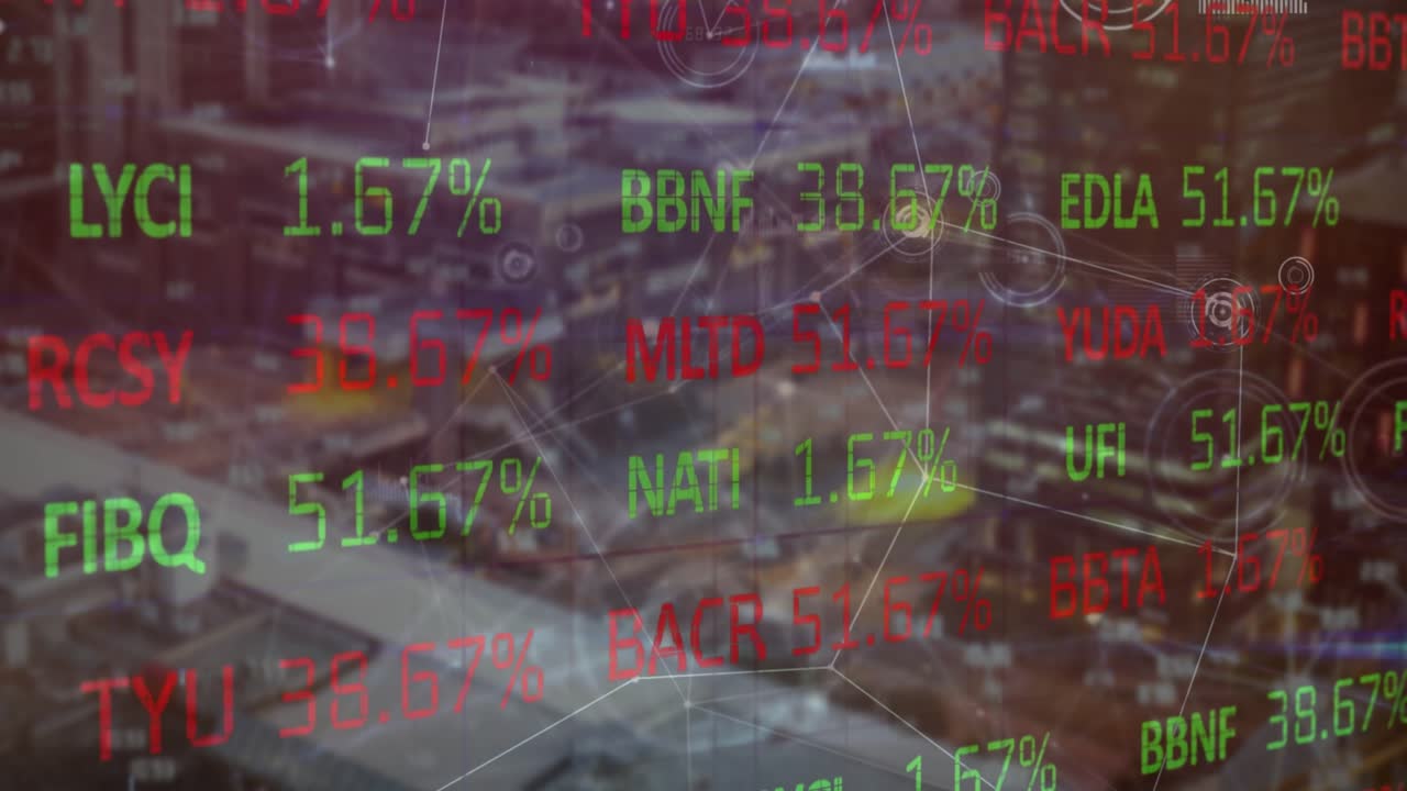 Animation der Finanzdatenverarbeitung über Stadtlandschaft