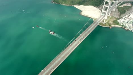 Hong-Kong-bay-and-Tsing-Ma-bridge,-Aerial-view